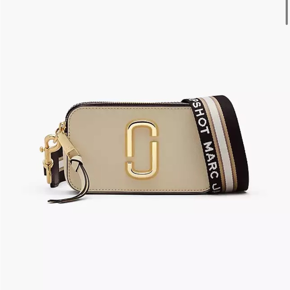 Marc Jacobs Cream Leather Snapshot Camera Crossbody with Striped Logo Strap